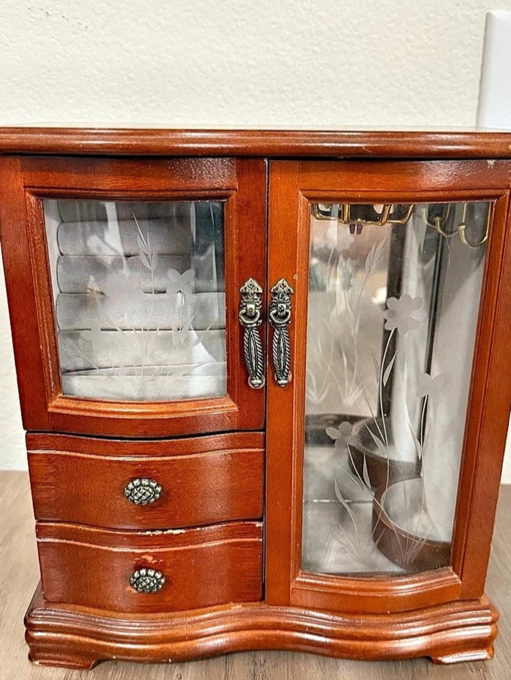 Vintage Wooden Jewelry Box Armoire w/2 Drawers & Etched Floral Glass Doors 10x9”
